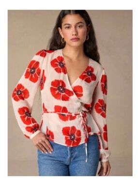 Rouje Cream Wrap Blouse with Red Floral Print